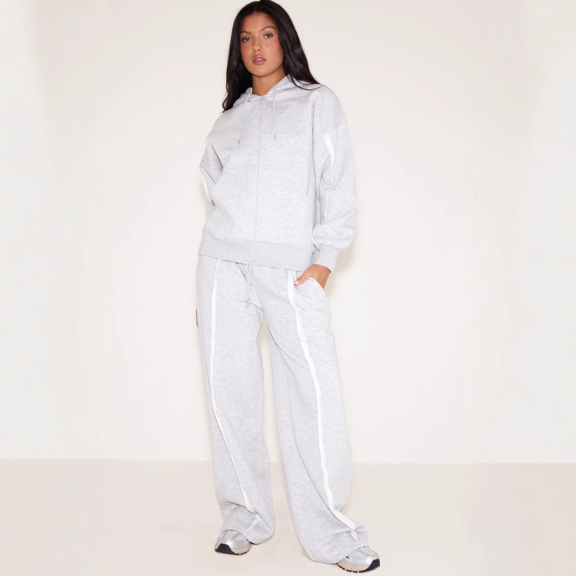 Casual Solid Color Women's Zipper Hoodie Jacket +  Drawstring Pleated Sweatpants Tracksuit