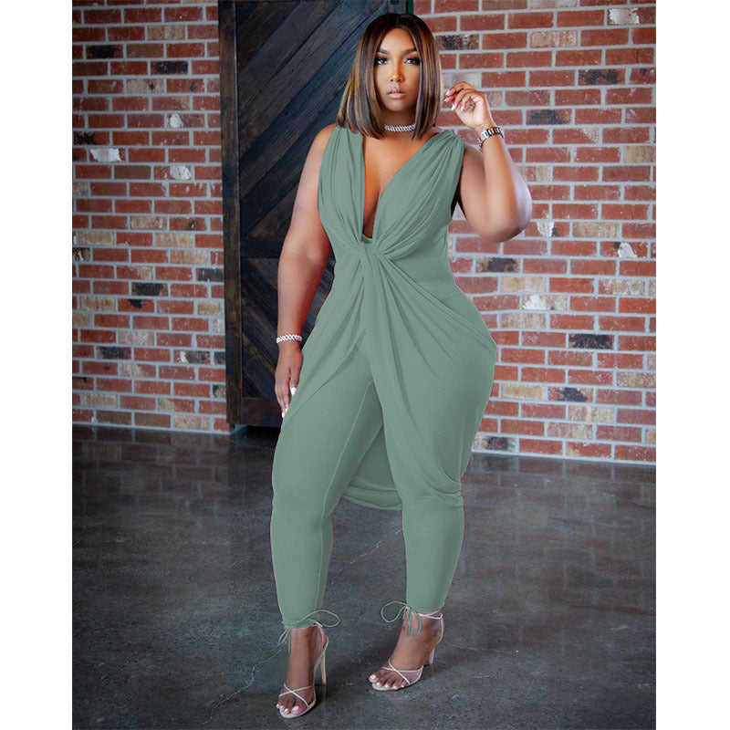Sleeveless Ruched Milk Silk Deep V-Neck Layered Jumpsuit to 4X Plus Size