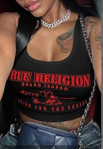 "True Religion" Open Collar Printed Letter Sunken Neck Women's Tank Top