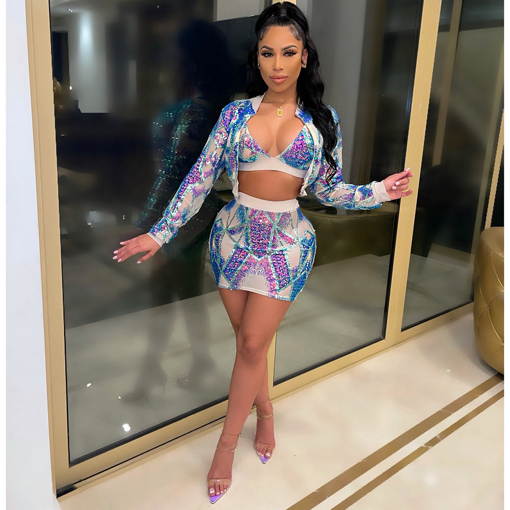 Tropical Print Women's Sequin Zipper Bomber Jacket + Bra + Mini Skirt Matching 3-Piece Set