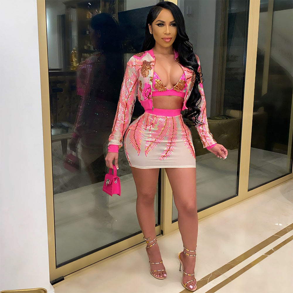 Tropical Print Women's Sequin Zipper Bomber Jacket + Bra + Mini Skirt Matching 3-Piece Set