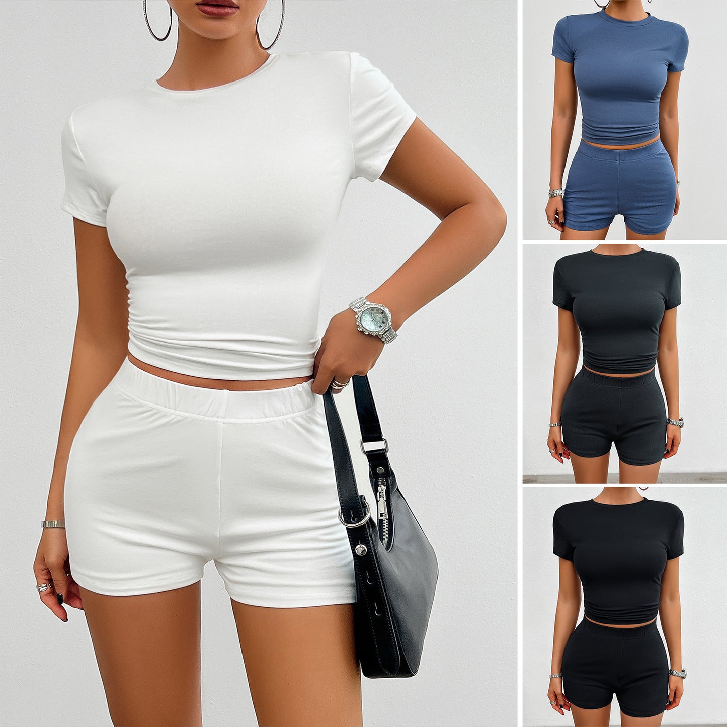 Solid Color Short Sleeve O-Neck T-Shirt + Mini Shorts Women's 2-Piece Set