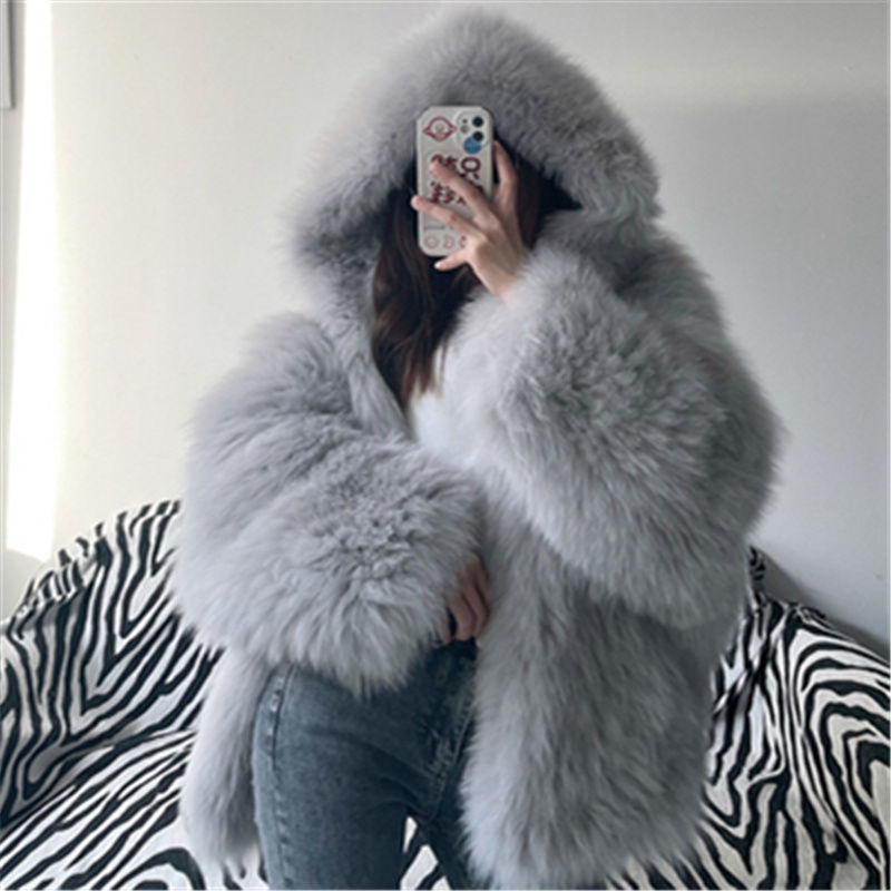 Shaggy Faux Fur Long Sleeve Women's Streetwear Hooded Jacket