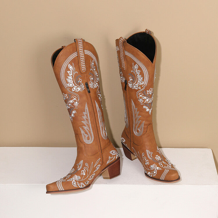 Embroidered Western Denim Retro Women's Knee-High Cowgirl Rodeo Boots