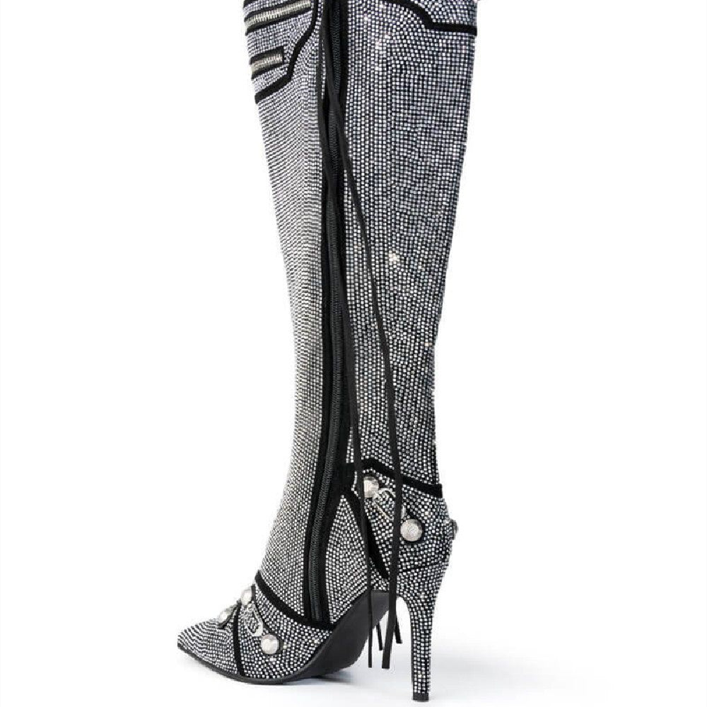 Rhinestone Needle Buckle Oversized Women's Knee High Zipper Boots