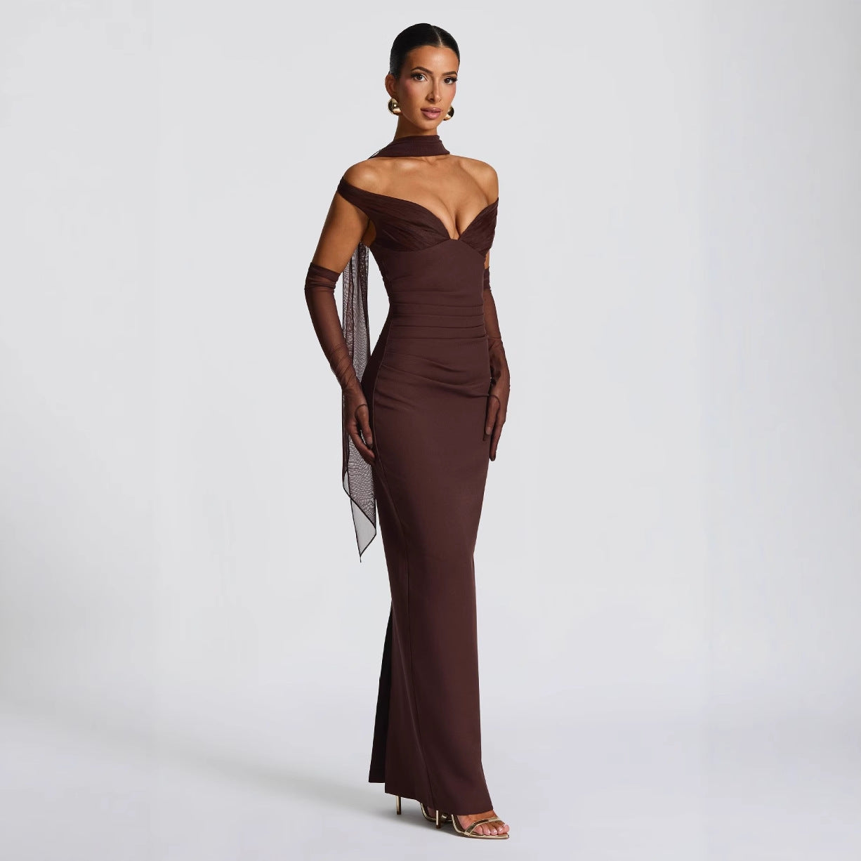 Off-the-Shoulder Solid Color Formal Evening Dress w/ Hanging Sash