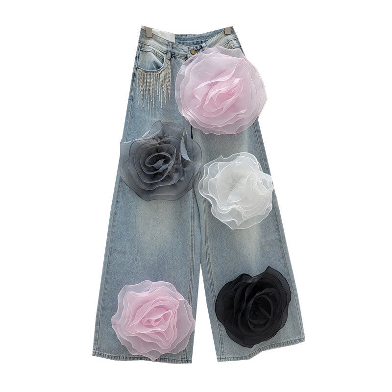 Embroidered Rose Flower Crystal Tassel Design High Waist Women's Jeans