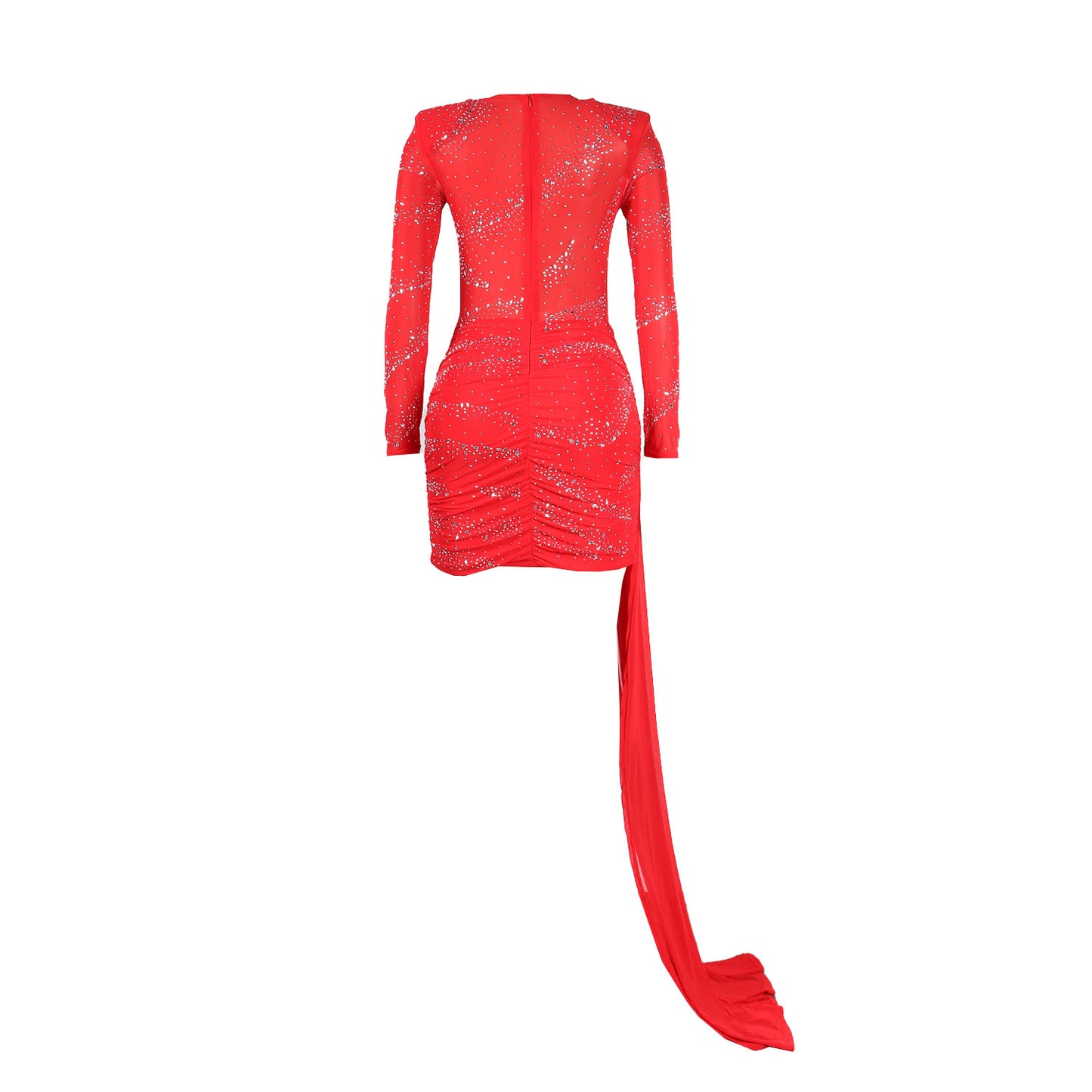 Rhinestone Hot Drill Padded Shoulder Hollow-Out Skinny Mini Formal Dress w/ Sweep Train