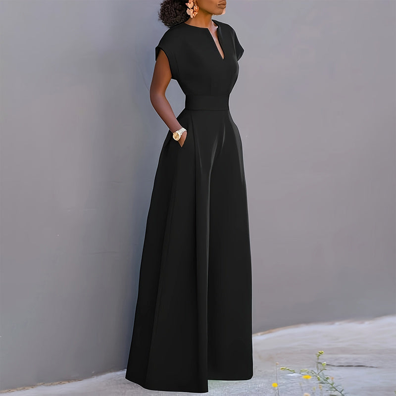 Women's V-Neck Solid Color Short Sleeve Wide Leg A-Line High Waist Jumpsuit to 3X Plus