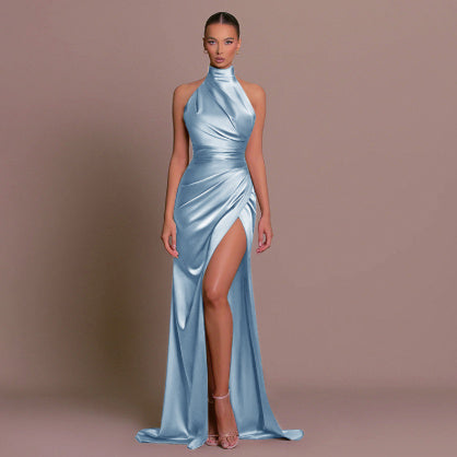 Sleeveless Pleated Ruched Stand Collar High Slit Solid Color Formal Party/Prom Maxi Dress