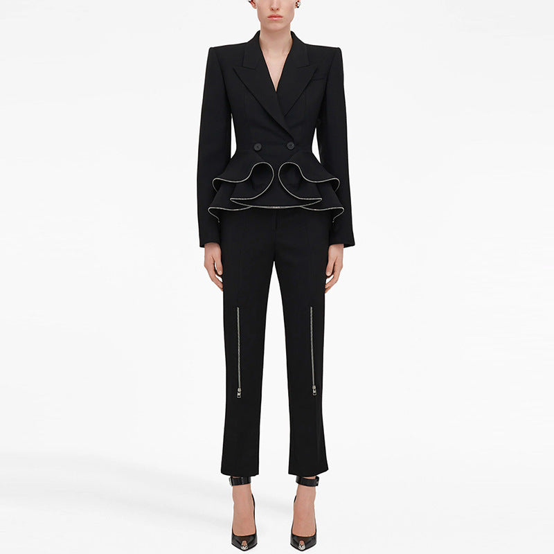 Black Ruffled Hem Women's Blazer Jacket + Zipper Design Skinny Pants Formal Suit