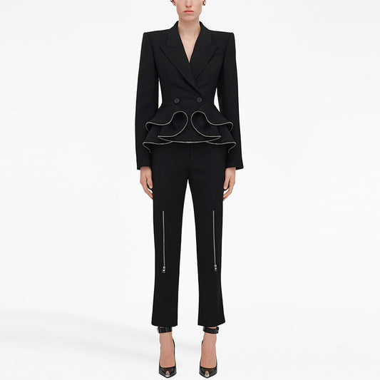 Black Ruffled Hem Women's Blazer Jacket + Zipper Design Skinny Pants Formal Suit