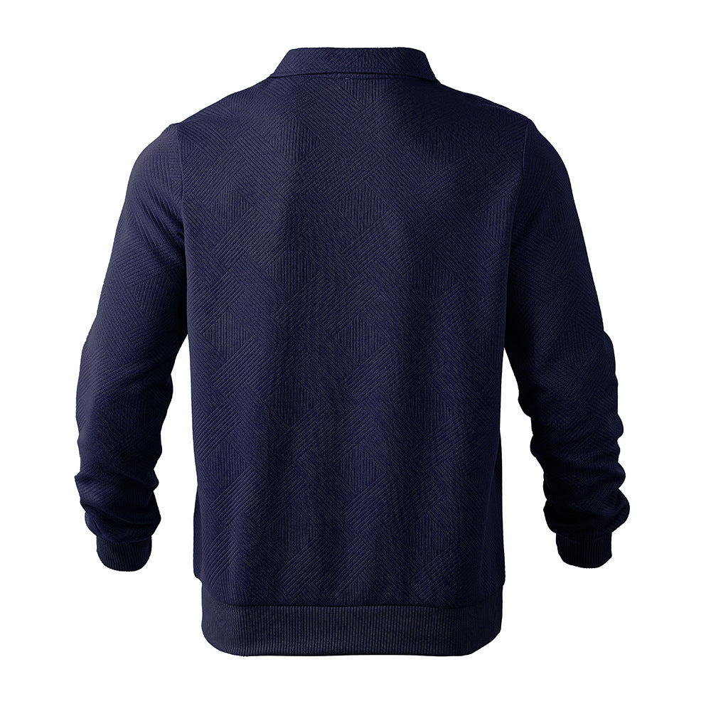 Men's Jacquard Turn-Down Collar Half Zipper Solid Color Long Sleeve Sweatshirt