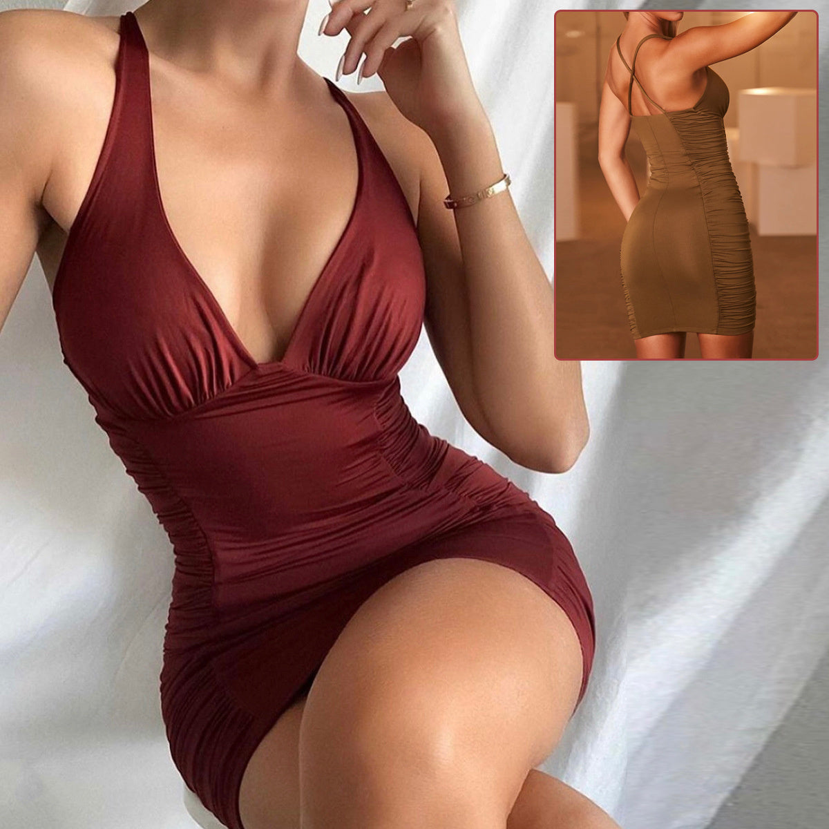 Deep V-Neck Backless Suspender Solid Color Skinny Hip Backless Mini Dress