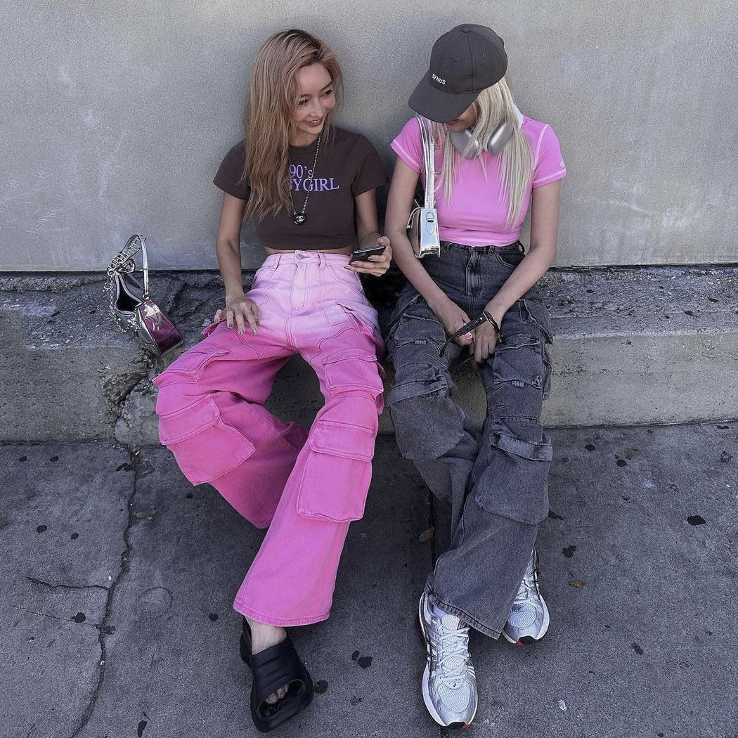 Denim Light Pink/Hot Pink 2-Tone Colorblock Women's Multi-Pocketed Wide Leg Cargo Jeans