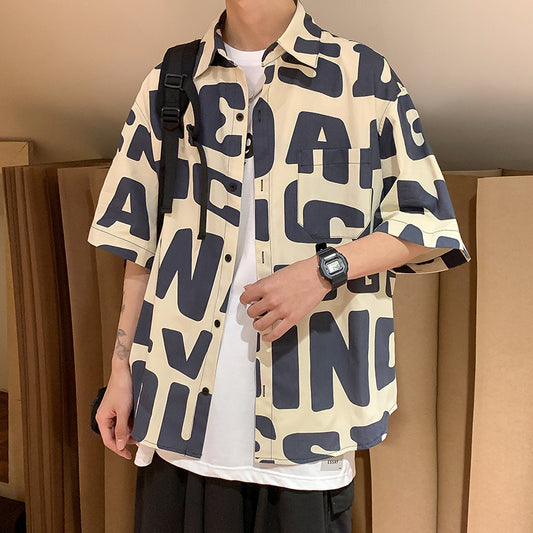 Men's Big Letter Print Turn-Down Collar Short Sleeve Hip-Hop Shirt