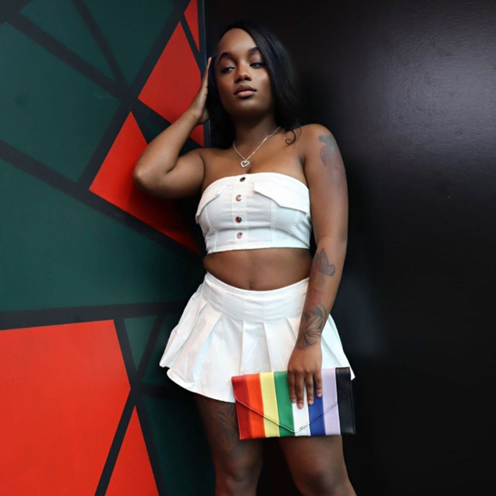 Strapless Button-Up Women's Tube Top + Pleated Zipper Mini Skirt 2-Piece Set