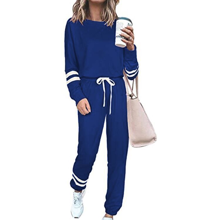 Side Striped Long Sleeve Women's Sport Top + Drawstring Sweatpants Tracksuit to 3X Plus Size