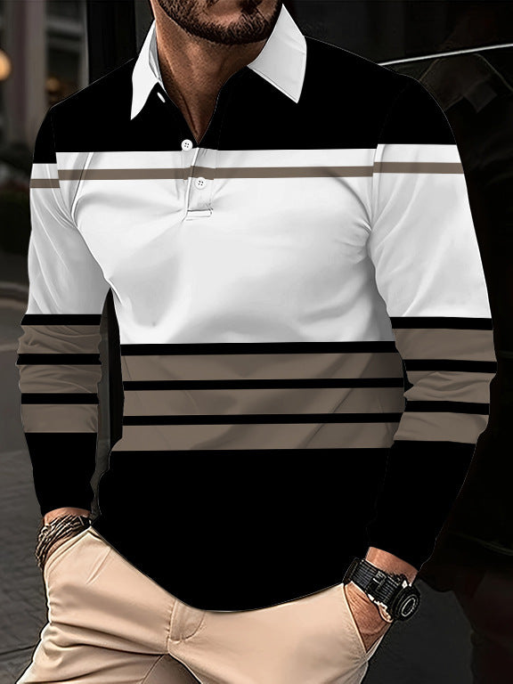 Men's Striped Colorblock Quarter Button-Up Long Sleeve Pullover Shirt