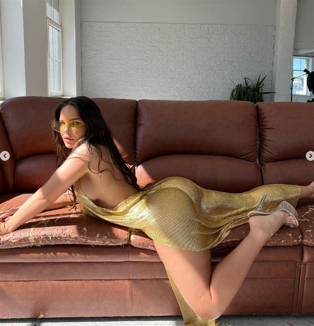 Gold Metallic Sequin Sparkling Halter Spaghetti Strap Backless Double High Slit Formal Maxi Dress