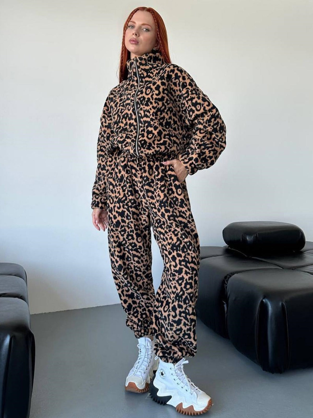 Leopard Print Long Sleeve Women's Zipper Sports Jacket + Matching Sweatpants Tracksuit Suit