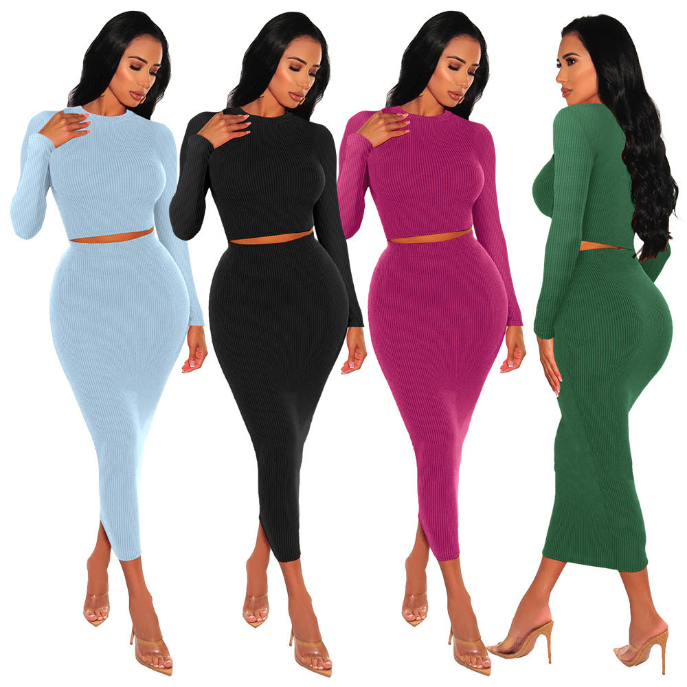 Ribbed O-Neck Women's Long Sleeve Shirt + Maxi Skirt 2-Piece Set