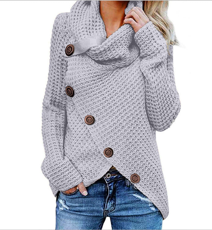 Turtleneck Button Design Long Sleeve Irregular Knitted Sweater