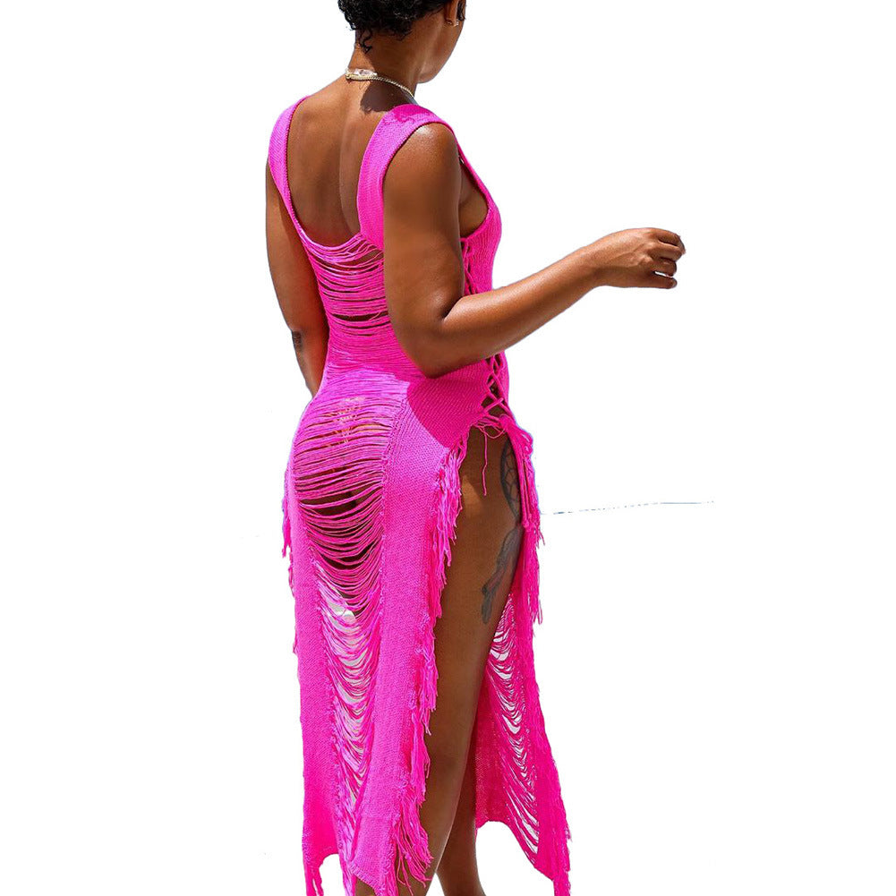 Sleeveless Tassel Fringe Detail Hollow-Out Double Side High Slit Women's Swimsuit Cover-Up Dress