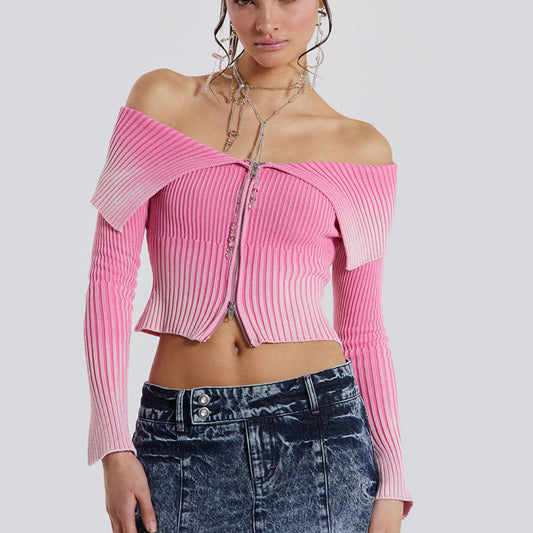 Gradient Zipper Front Off-the-Shoulder Long Sleeve Women's Crop Sweater