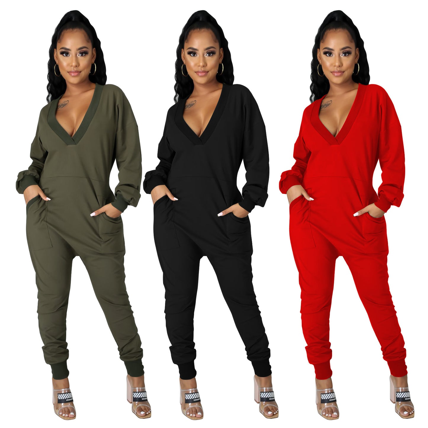 Deep V-Neck Long Sleeve Pocketed Women's Harem Pants Jumpsuit to 3X Plus Size