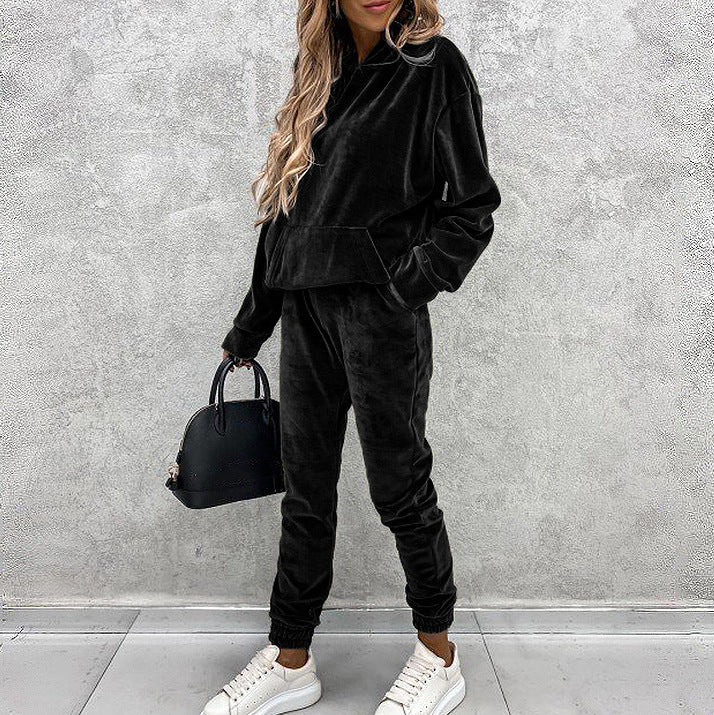 Velvet Pocketed Solid Color Women's Pullover Hoodie Sweatshirt + Sweatpants Tracksuit