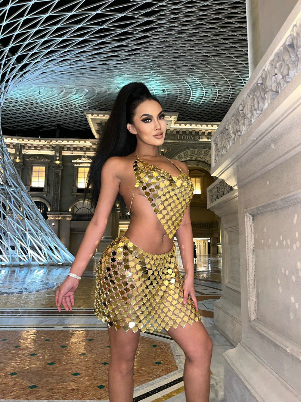 Metallic Gold Women's Heart Shape Crop Tank Top + Mini Skirt 2-Piece Set