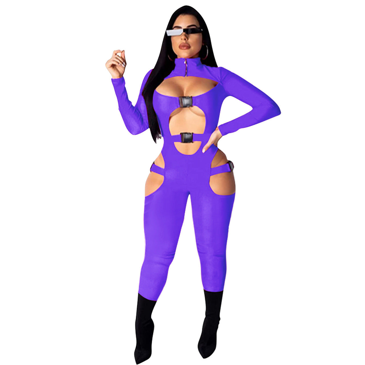 Sexy Hollow-Out Long Sleeve Solid Color Women's Skin Tight Jumpsuit