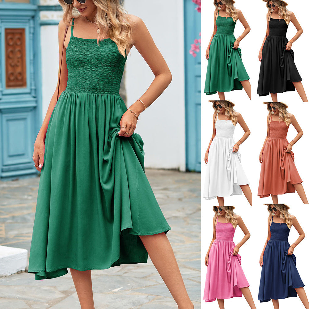 Sleeveless Ruched Square Collar Pleated Bohemian Solid Color Spaghetti Strap Midi Dress