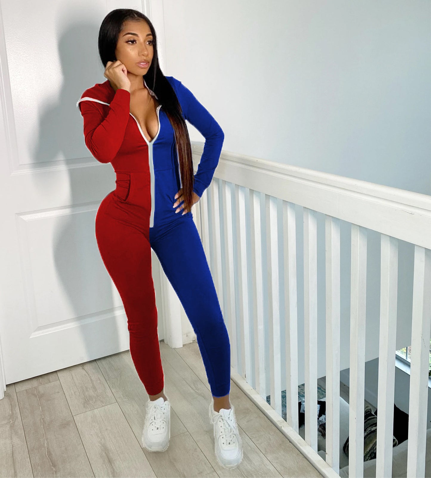 Colorblock 2-Tone Women's Fitness Long Sleeve Zipper Hoodie Jumpsuit