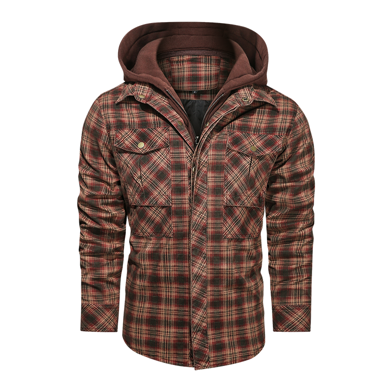 Layered Plaid Men's Fleece Detachable Slim Fit Hoodie Jacket