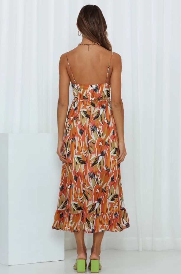 Bohemian Geometric Floral Print Spaghetti Strap High Slit Backless Maxi Sundress