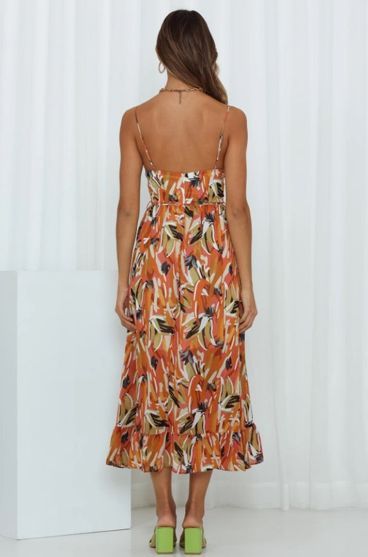 Bohemian Geometric Floral Print Spaghetti Strap High Slit Backless Maxi Sundress