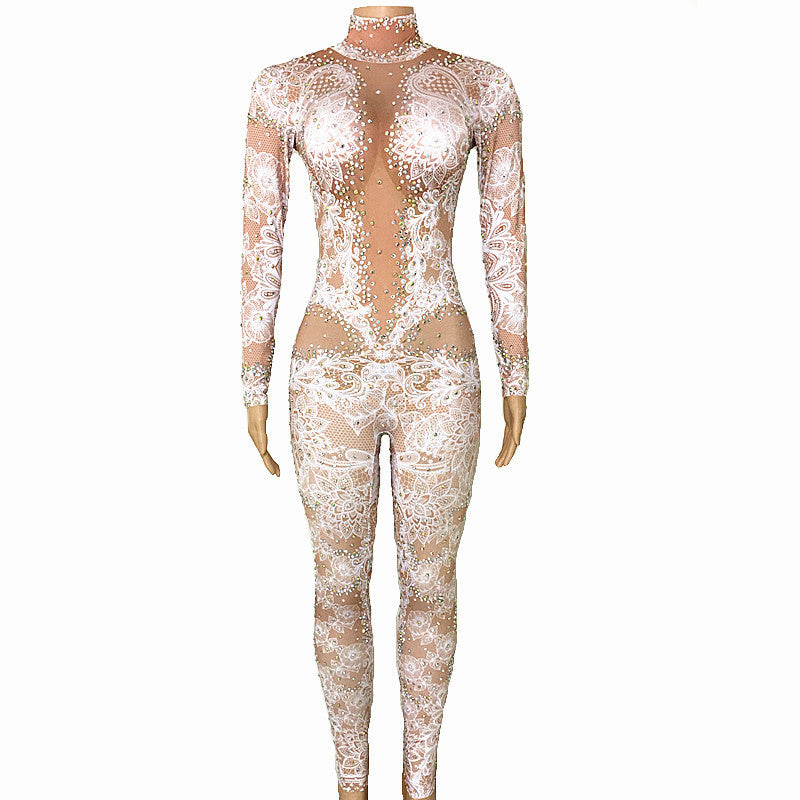 Crystal Metallic Floral Rhinestone Mesh Hollow-Out Print Long Sleeve Women's Dance Performance Jumpsuit