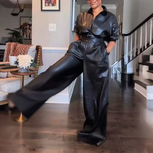 Black Retro Loose PU Leather Button-Up Long Puff Sleeve Women's Pocketed Wide Leg Jumpsuit