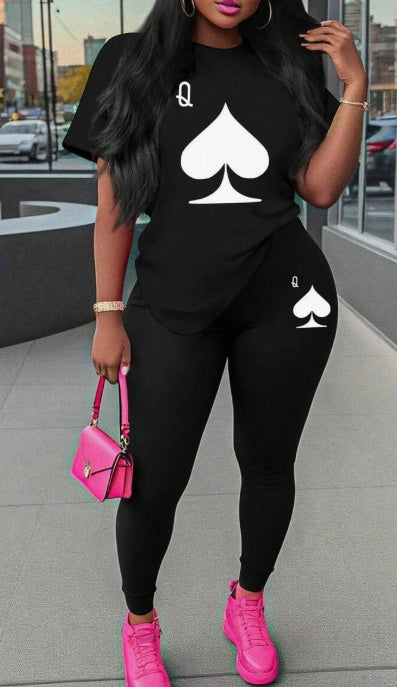 Black "Queen of Spades" Women's Printed Round Neck T-Shirt + Leggings 2-Piece Set