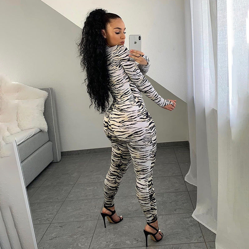 White/Black Zebra Striped Women's Skin Tight Long Sleeve Pants Jumpsuit