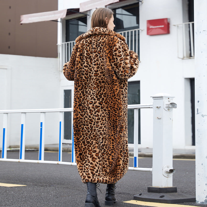 Faux Fur Leopard Print Turn-Down Collar  Women's Trenchcoat to 3X Plus Size