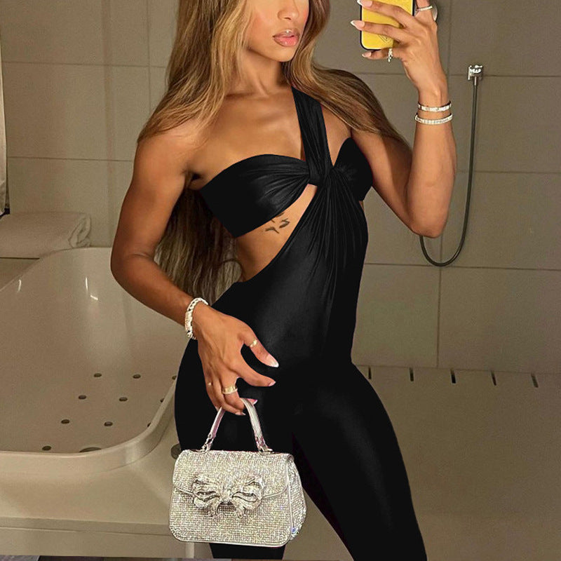 Backless Asymmetrical Hollow-Out One-Shoulder High Waisted Skinny Women's Sexy Jumpsuit