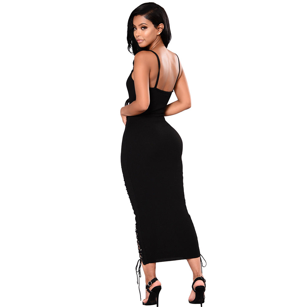 Sleeveless Hollow-Out V-Neck Lace-Up Spaghetti Strap Skinny Maxi Dress