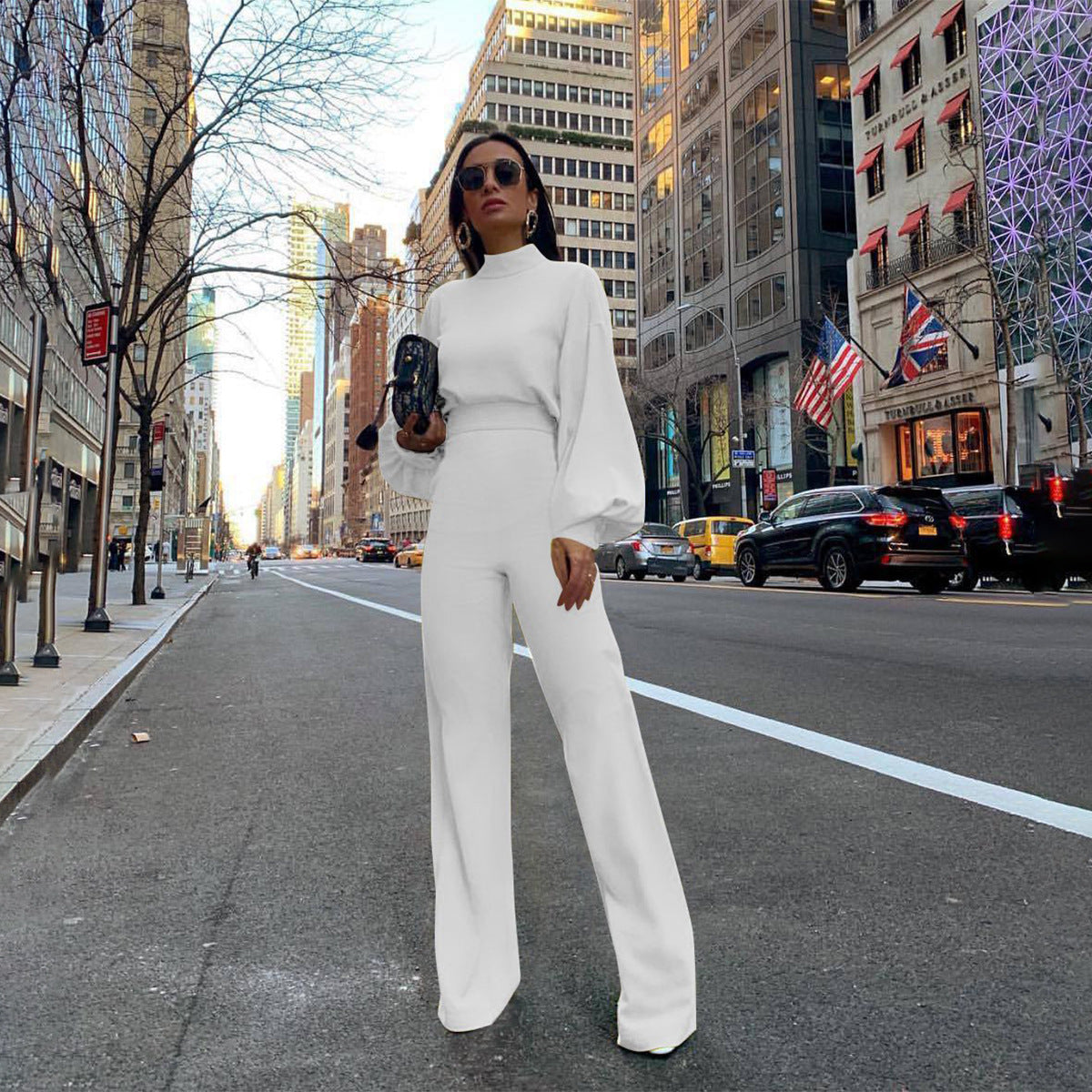 Turtleneck Solid Color Backless Long Balloon Sleeve Women's Pants One-Piece Jumpsuit to 3X Plus Size