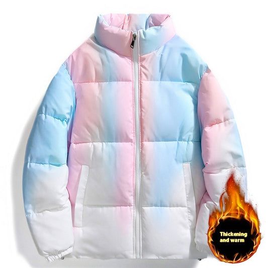 Men's Gradient Colorblock Hip-Hop Stand Collar Plush Thick Down Puffer Jacket w/ Pockets