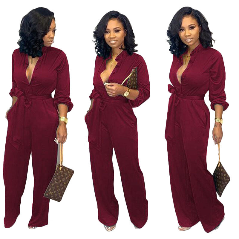 Button-Up Turn-Down Collar Women's Long Sleeve Solid Color Jumpsuit