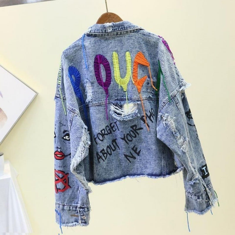 Faded Denim Studded Graffiti Print Ripped Fringe Embroidered Hip-Hop Streetwear Women's Crop Jean Jacket