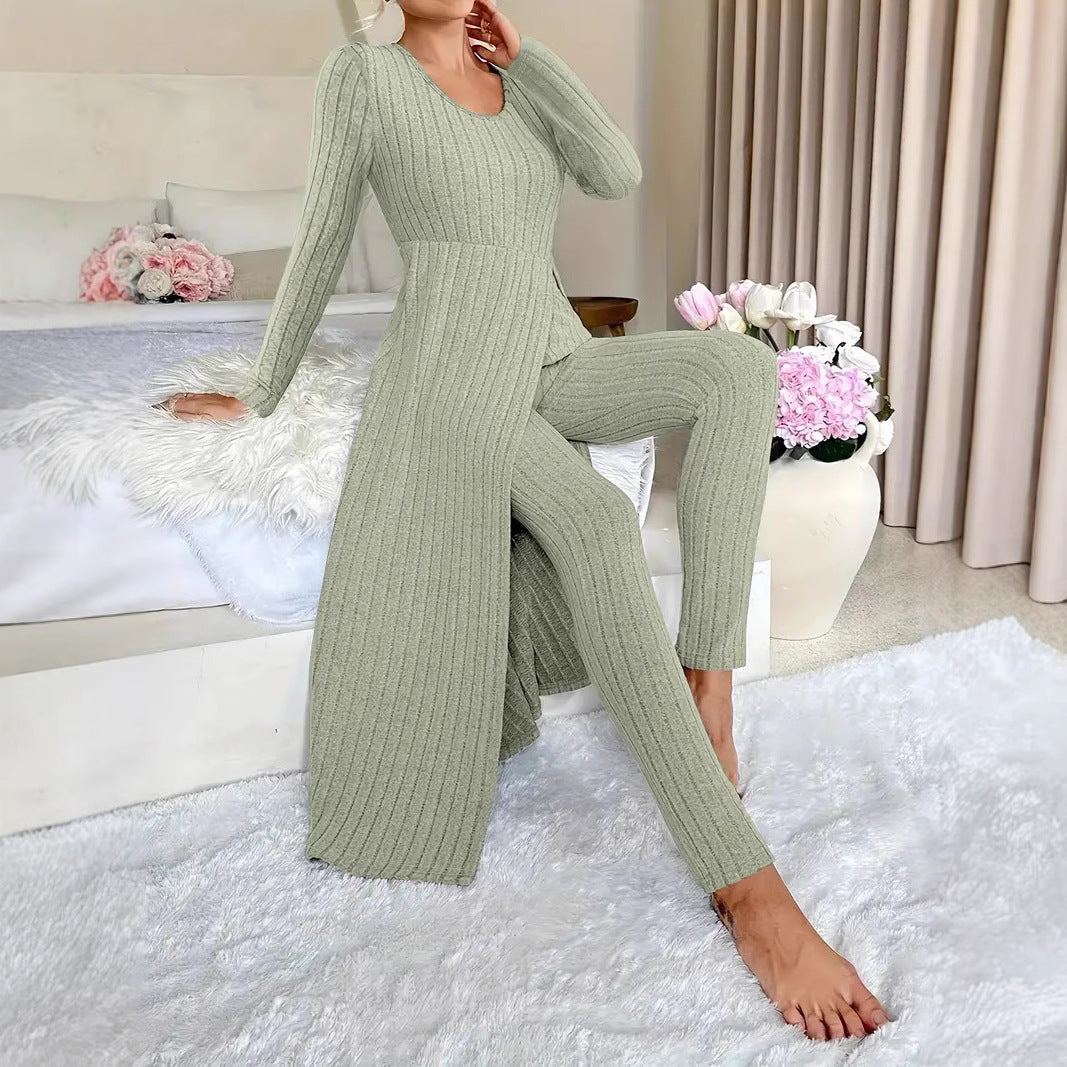 Ribbed O-Neck Split Long Sleeve Maxi Shirt + Leggings Women's Two-Piece Set